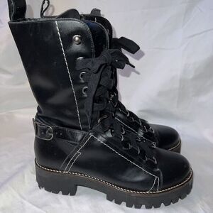 Zara‎ Chunky Ankle Boots Womens 7 38 Black Combat Shoes Lace Up Platform Wedge